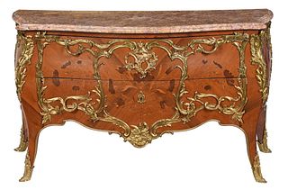 Fine Louis XV Style Bronze Mounted Tulipwood and Marquetry Bombe Commode