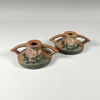 2pc Roseville Pottery, Brown Magnolia Candle Holders 1156