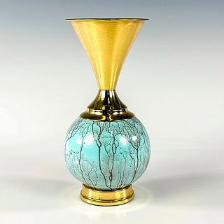 Vintage Fine Brass & Copper Delft Aqua Blue Marbled Vase