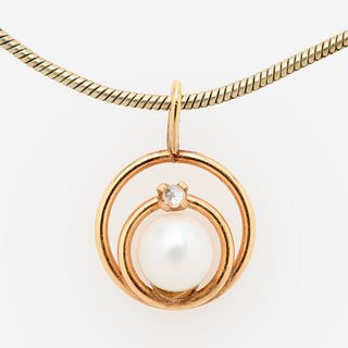 Diamond, Pearl Necklace Pendant On Sterling Vermeil Chain  