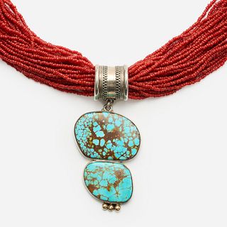  Ron Wesley (Taos N.M.) Turquoise + Multistrand Coral Necklace