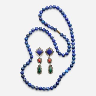  Navajo Melvin Francis Sterling Earrings + Lapis Bead Necklace