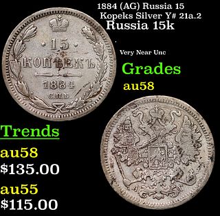 1884 (AG) Russia 15 Kopeks Silver Y# 21a.2 Grades Choice AU/BU Slider