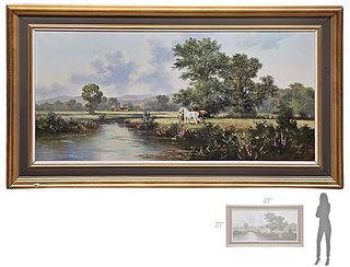 Large Oil On Canvas Horses By The Pond Panting, Signed