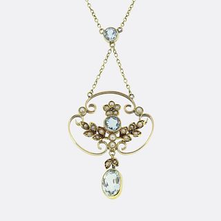 Victorian Aquamarine and Pearl Lavalier Necklace
