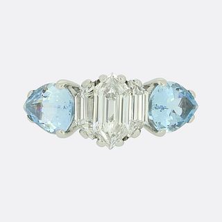 Fancy Cut Diamond and Aquamarine Five-Stone Ring