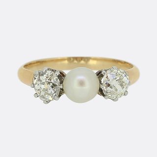 Edwardian Natural Pearl and Diamond Three-Stone Ring