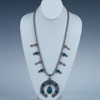 Native American Style Faux Turquoise Squash Blossom Necklace