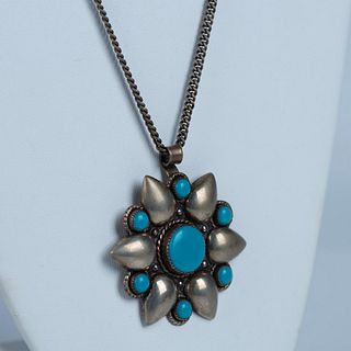 Native American Silver Nickel Faux Turquoise Floral Necklace