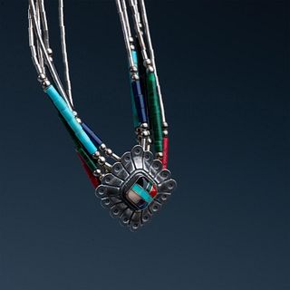 Native American Five Strand Sterling Multi Stone Necklace
