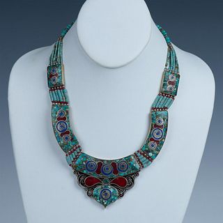 Tibetan Sterling Silver Turquoise & Coral Inlay Necklace
