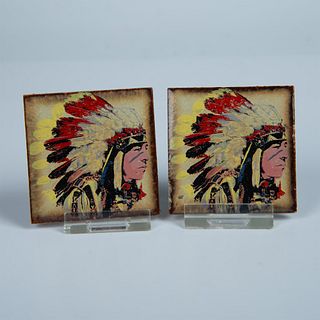 2pc Native American Miniature Painted Portrait Tiles
