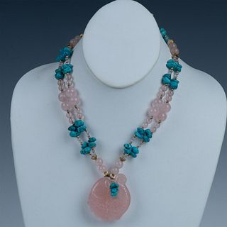 Beautiful Turquoise & Rose Quartz Fish Pendant Necklace