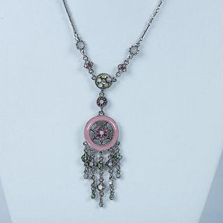 Vintage Silver Tone Rhinestone & Pink Enamel Flower Necklace