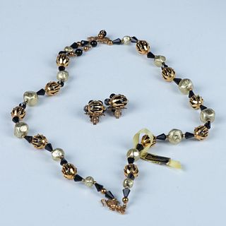 Mid-Century Goldtone Black Necklace & Clip-On Earrings Set