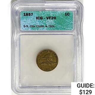 1857 Flying Eagle Cent ICG VF20 S-9, OBV Clash w/ 