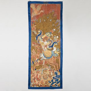 Tibetan Embroidered Silk Banner of a Mountain Deity