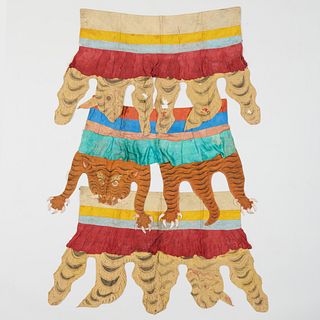 Group of Three Tibetan Silk and Cotton Tiger Temple Banners