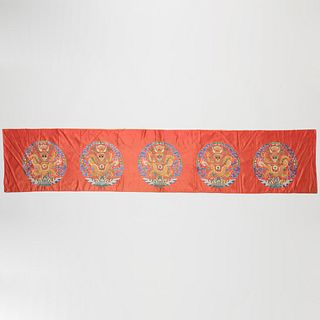 Chinese Red Silk Embroidered Panel with Dragon Rondels
