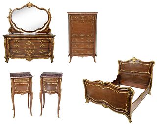 Francois Linke Signed Louis XV Style Bronze Dore Mounted Mahogany Bedroom Suite