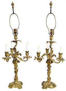 Pair of Louis XV Style Gilt Bronze Three Light Candelabra Mounted as Lamps, Henri Vian