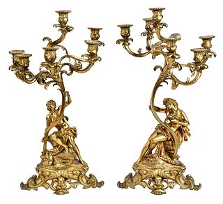 Pair of Louis XV Style Gilt Bronze Six Light Figural Candelabra
