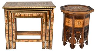 Set of Three Moorish Style Inlaid Nesting Tables and an Associated Tabouret Table