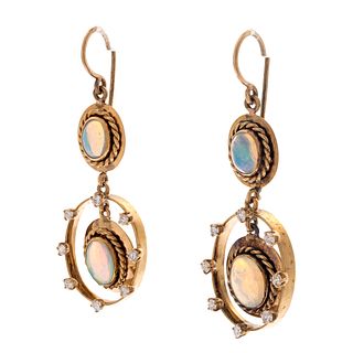 Pair of Diamond, Opal, 14k Yellow Gold Earrings