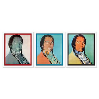 Andy Warhol (1928-1987), "The American Indian Series 3 Piece Set (Red 1976, Blue 1977 & Black 1976)" Framed Vintage Lithographs from Ace Gallery with 