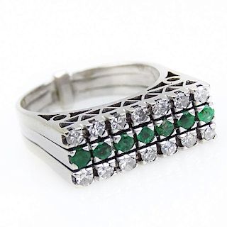 Vintage Diamond, Emerald and 18 Karat White Gold Band Comprised of Three Rings