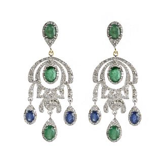 Emerald, Sapphire and Silver Earrings