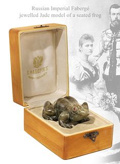 A Russian Imperial Faberge Jeweled Jade Seated Frog Figurine, Boxed