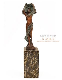 Lady Wind, Art Deco Style Patinated Bronze Figurine, Milo Signed
