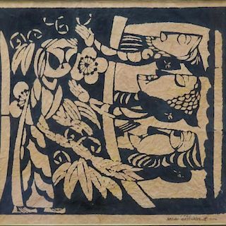 Sadao Watanabe, Japanese  (1913-1996) "Three Wisemen and Angel" Colored Stencil on Paper