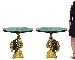 Pair of 19th C. Figural Bronze & Malachite Side Tables