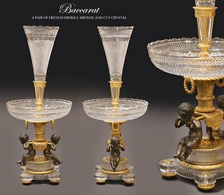 A PAIR OF FRENCH BACCARAT CUT CRYSTAL FIGURAL BRONZE CENTERPIECES