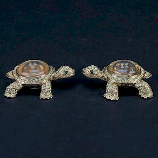 Set of Two (2) L'Objet Gold Plated and Swarovski Crystals Turtle Form Shakers in Original Fitted Box