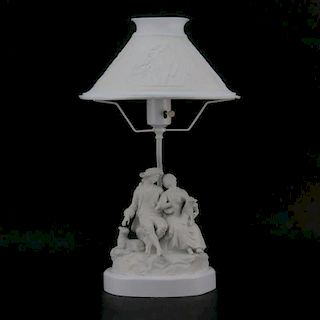 Pair of Vintage Bisque Porcelain Figural Lamp With Lithopane Shade