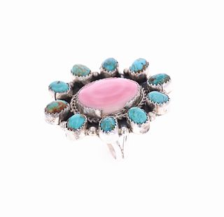 Navajo R. Sam Silver Pink Conch Turquoise Ring