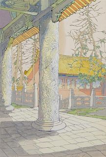 Bertha Boynton Lum, (American, 1869-1954), Courtyard with Pillar