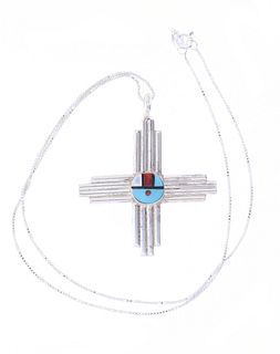 Zuni Lalio Sterling Silver Inlaid Cross Necklace