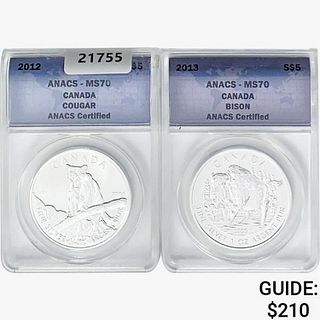 2012-2013 [2] 1oz. Silver $5 Canada ANACS MS70 