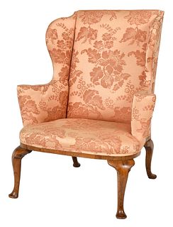 A Queen Anne Walnut Damask Upholstered Easy Chair