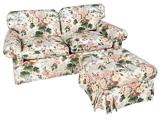 Modern Floral Upholstered Settee with Ottoman 