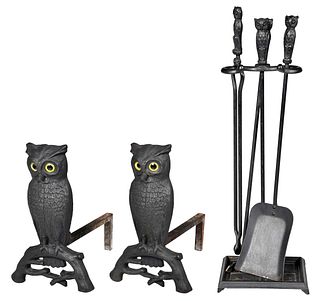 Pair of Howes of Boston Owl Form Iron Andirons and Fireplace Tools