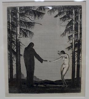 Signed Lithograph, Grim Reaper and Nude Woman