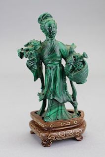 Chinese Carved Maiden Figure on Stand, Malachite