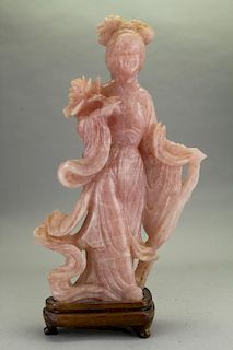Chinese Rose Quartz Carved Guanyin on Stand