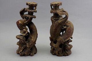 Antique Carved Chinese Koi Fish Incense Burners