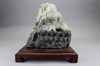 Chinese Carved Spinach Jade Seated Buddha
